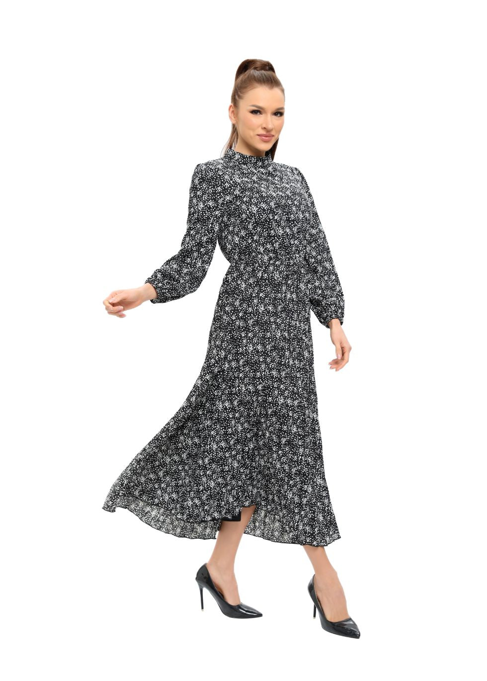 Floral Microprint Long Sleeve Midi Dress