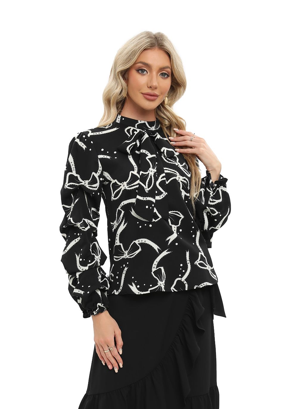 Black Tiered Long Sleeve Blouse with Front Tie