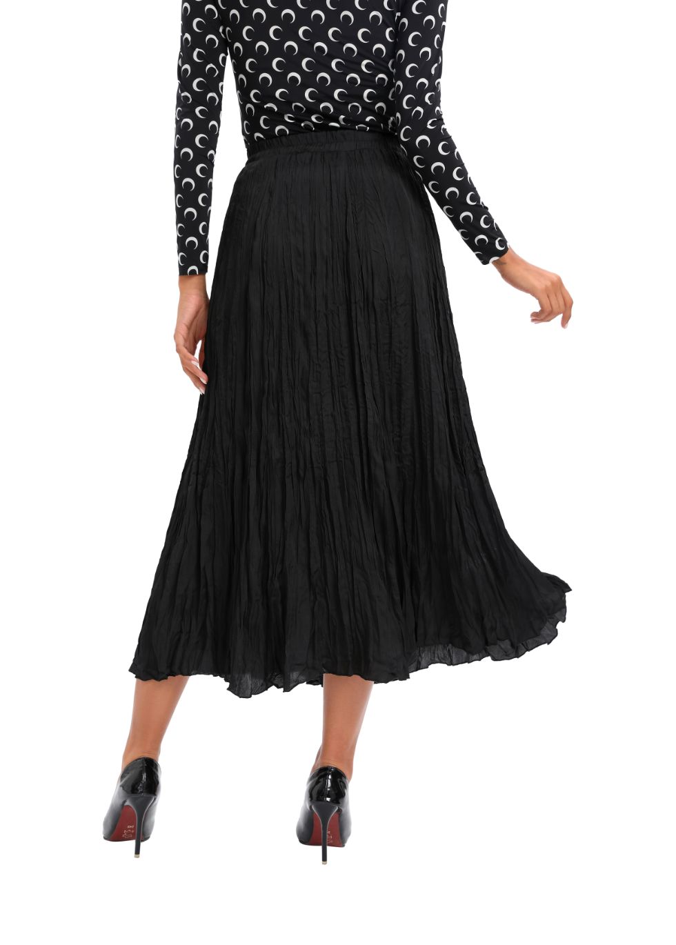 Black Lightweight Wrinkle Midi Skirt
