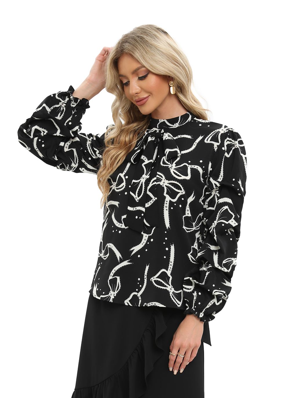 Black Tiered Long Sleeve Blouse with Front Tie