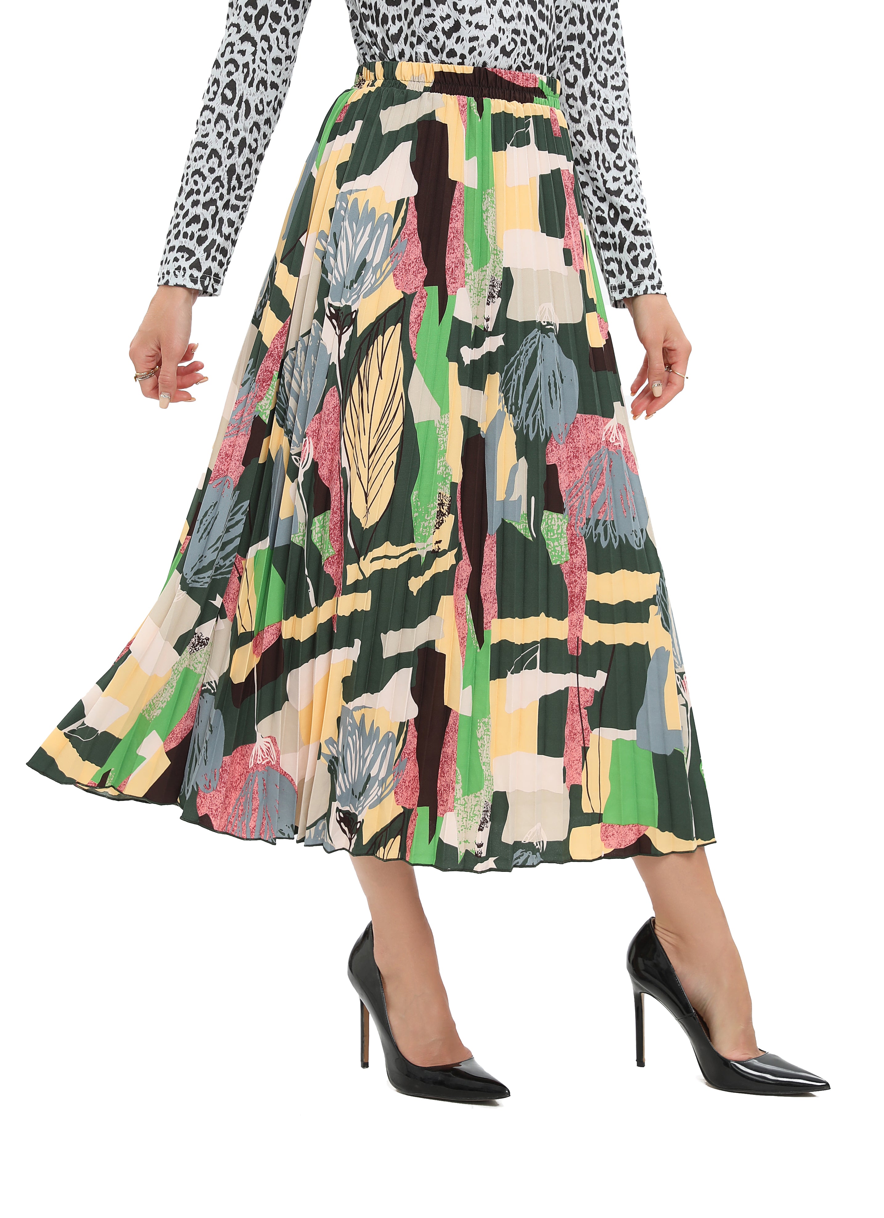 Pleated midi outlet skirt print