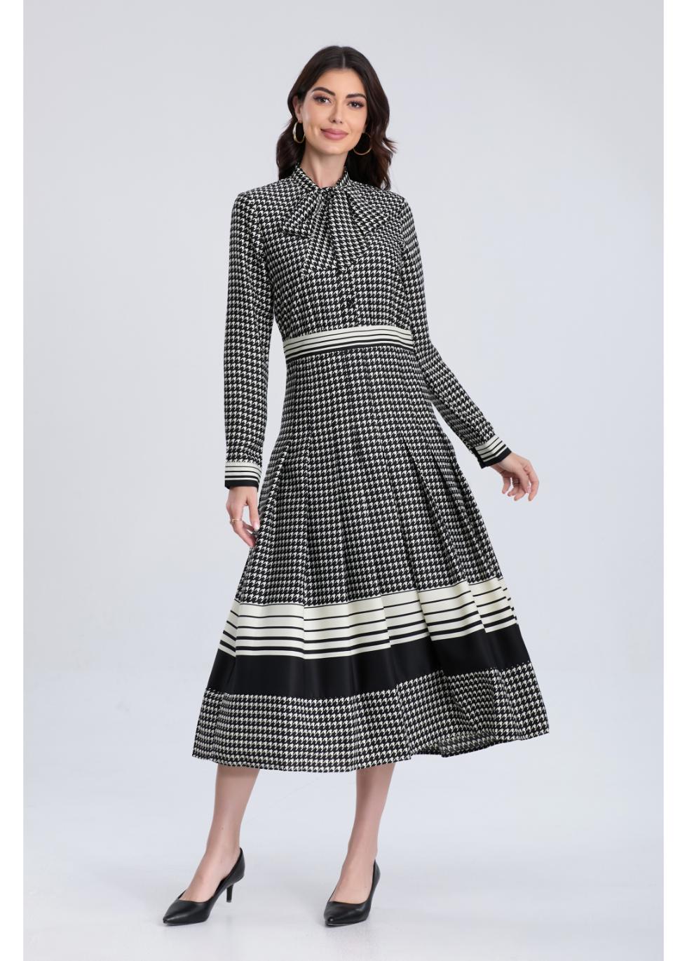 Classic Houndstooth Midi Dress