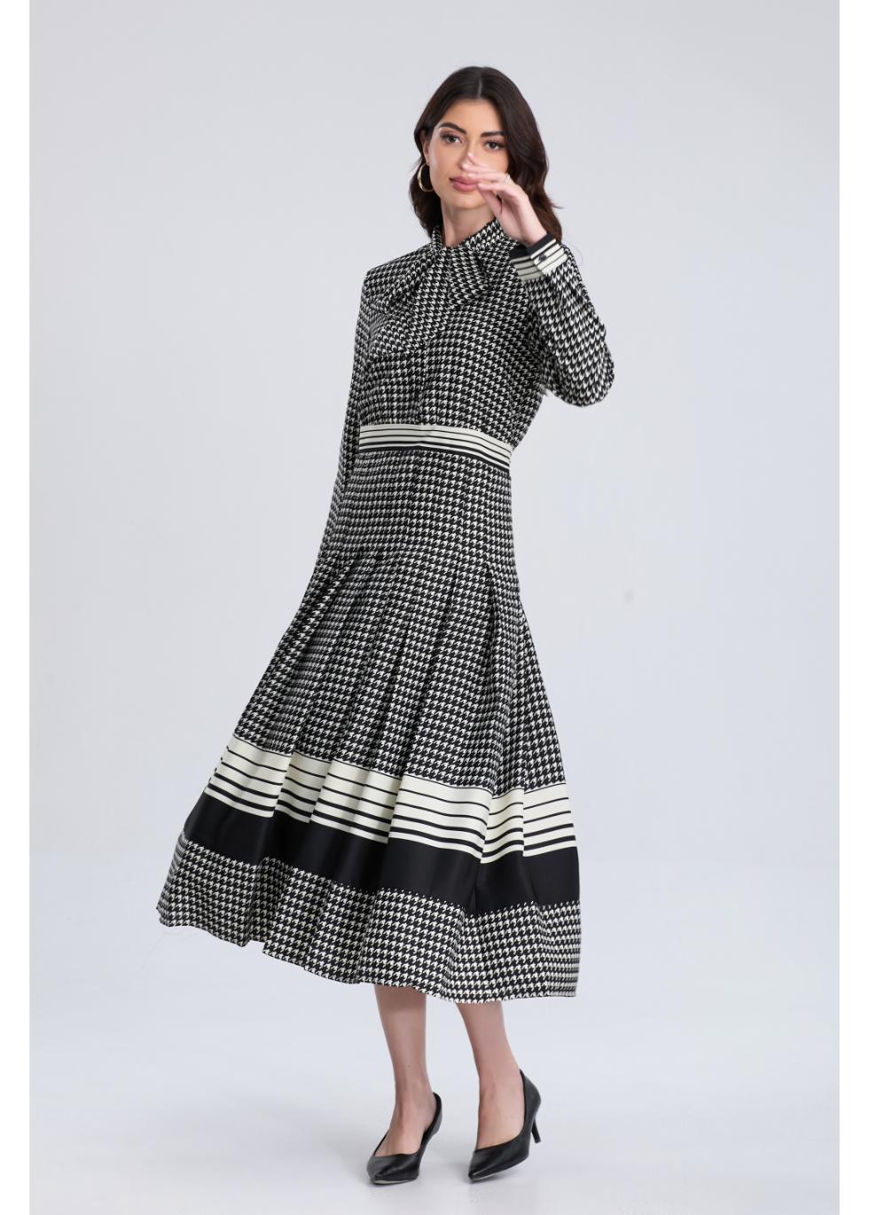 Classic Houndstooth Midi Dress