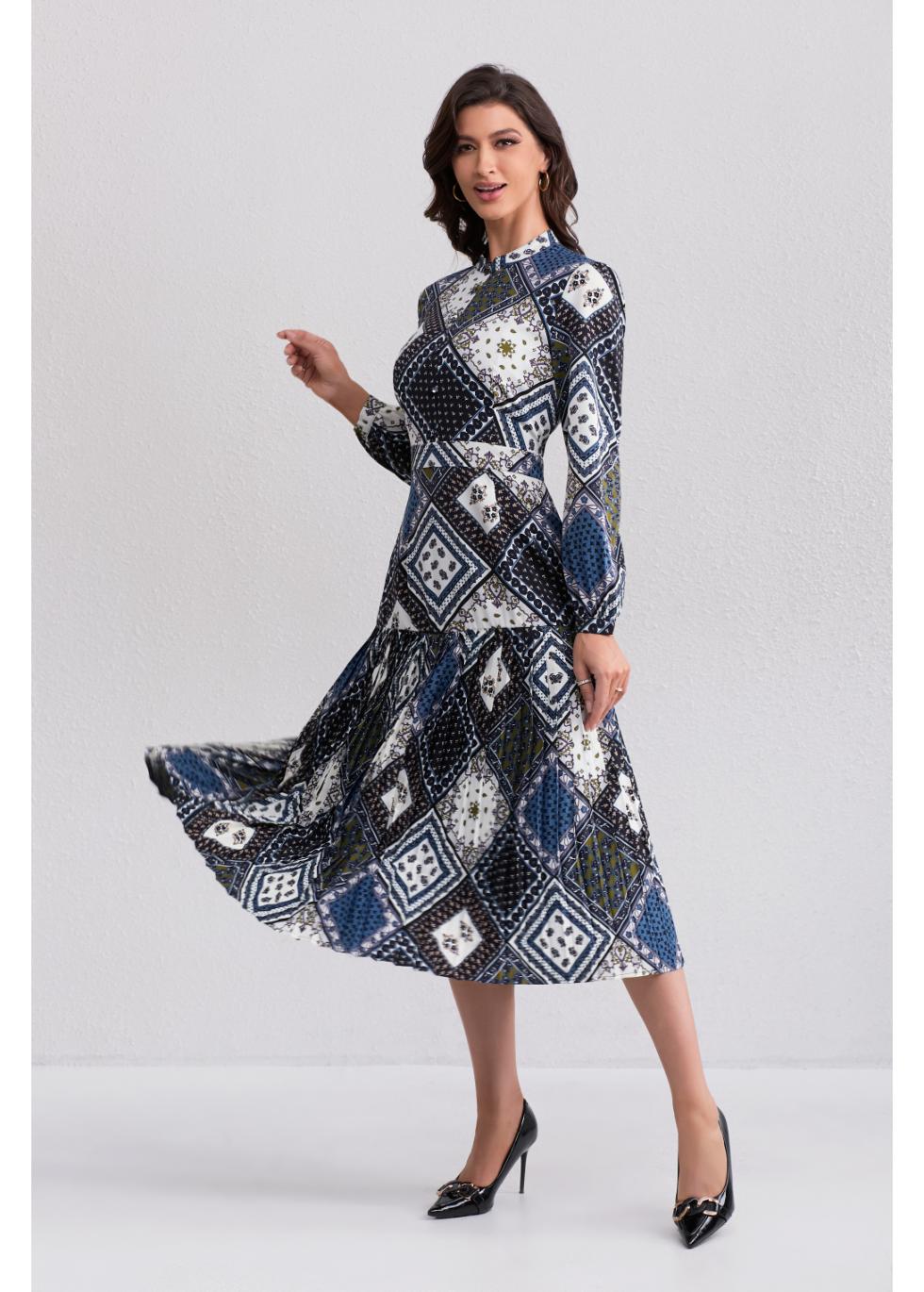 Vintage Diamond Print Midi Dress