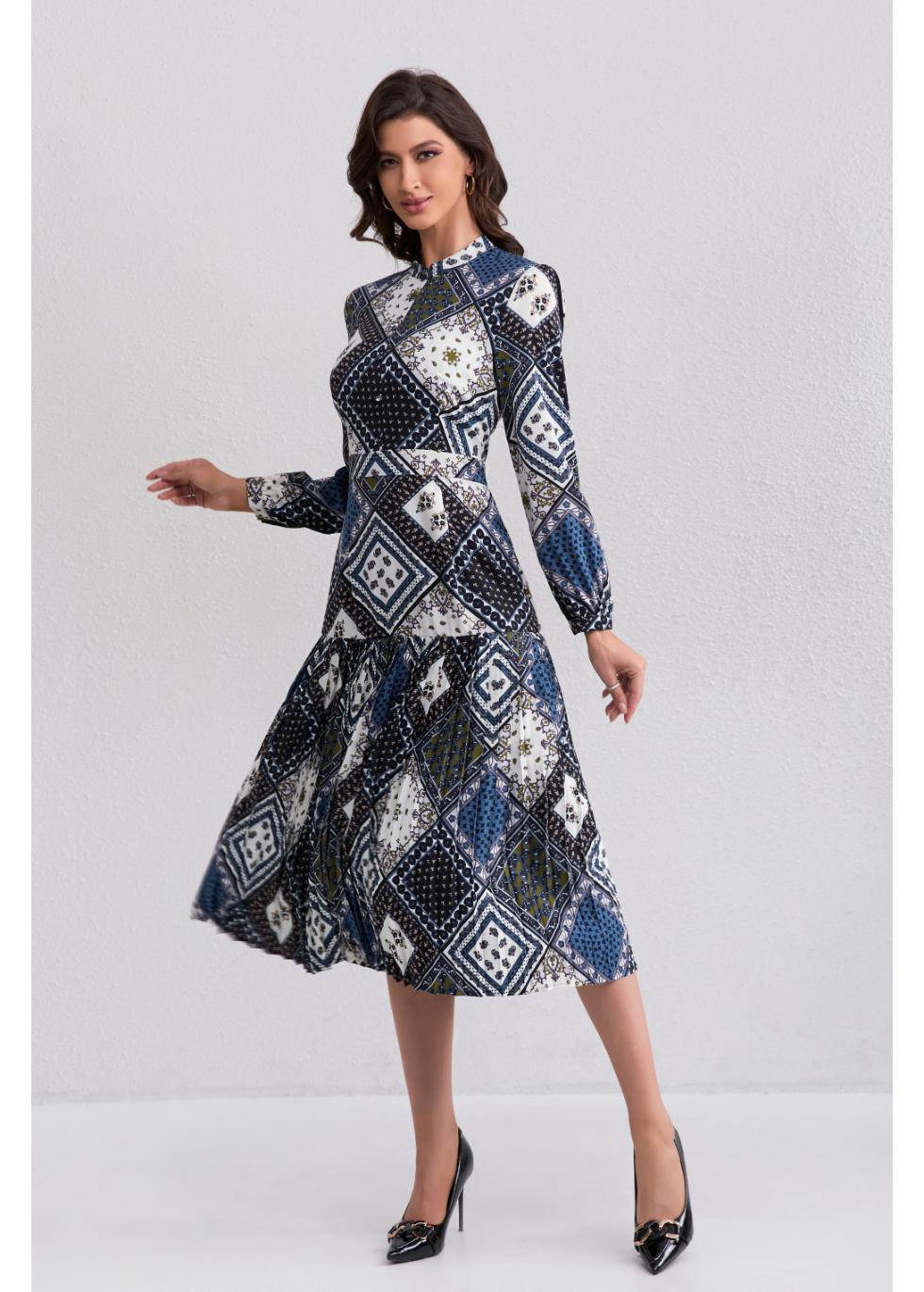 Vintage Diamond Print Midi Dress