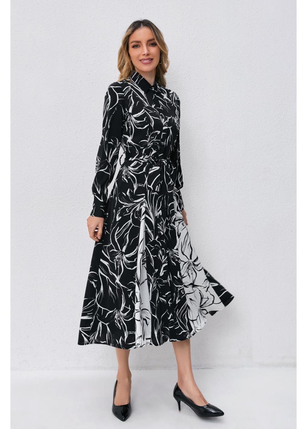 Monochrome Bloom Midi Dress