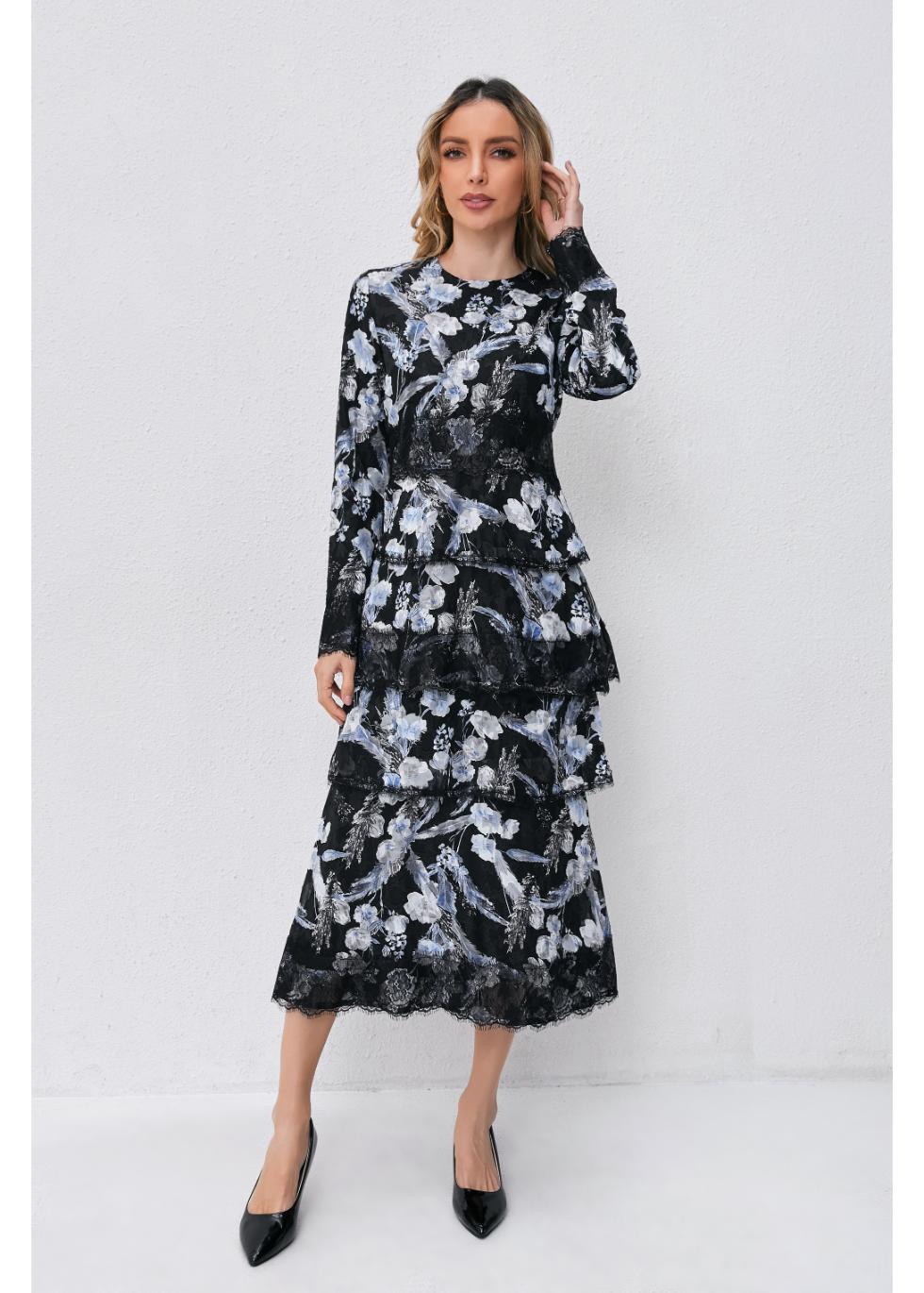 Noir Bloom Tiered Dress