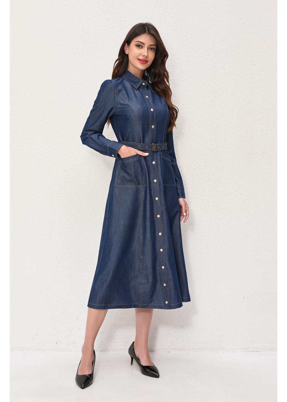 Denim Belted Midi Dress