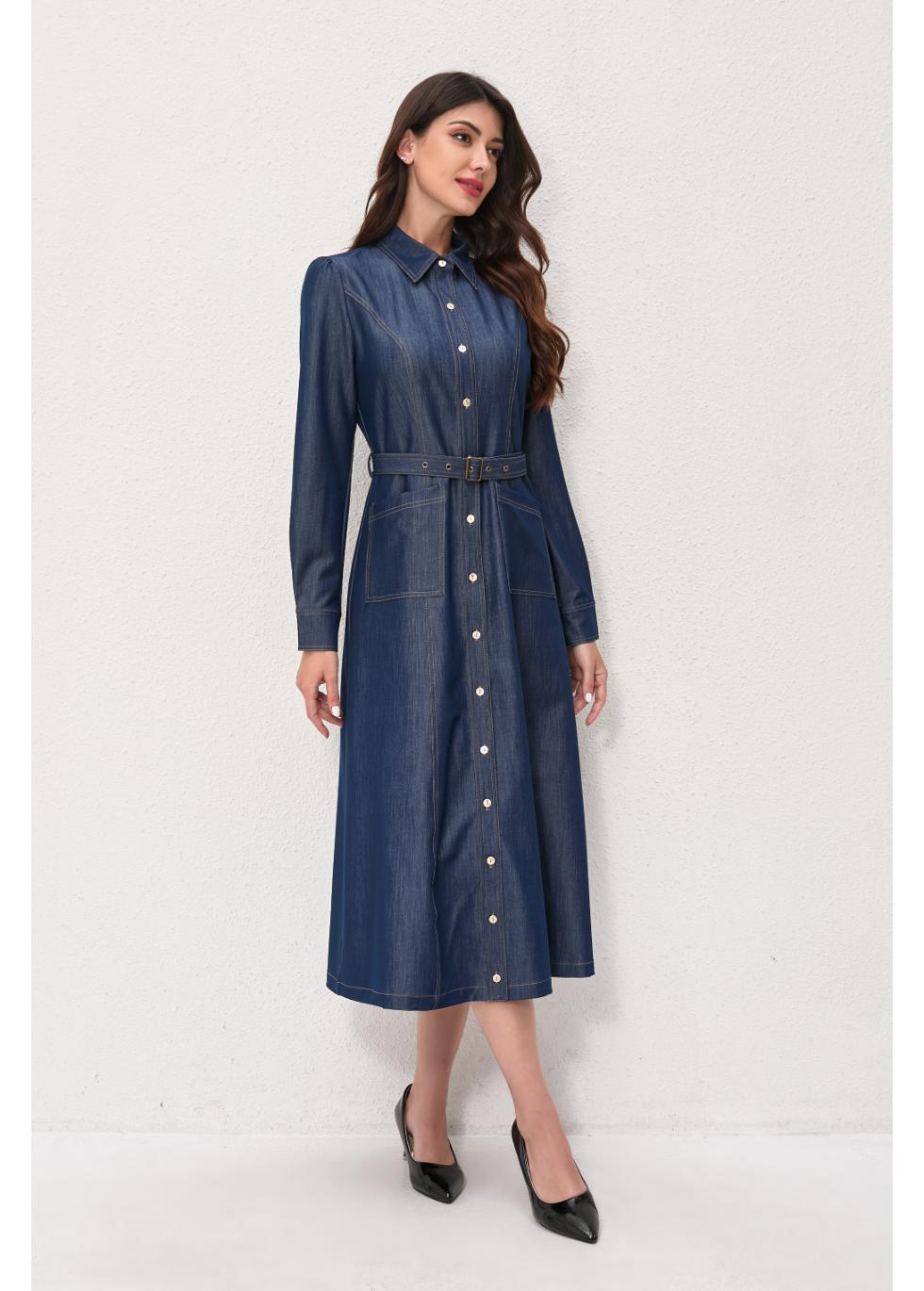 Denim Belted Midi Dress