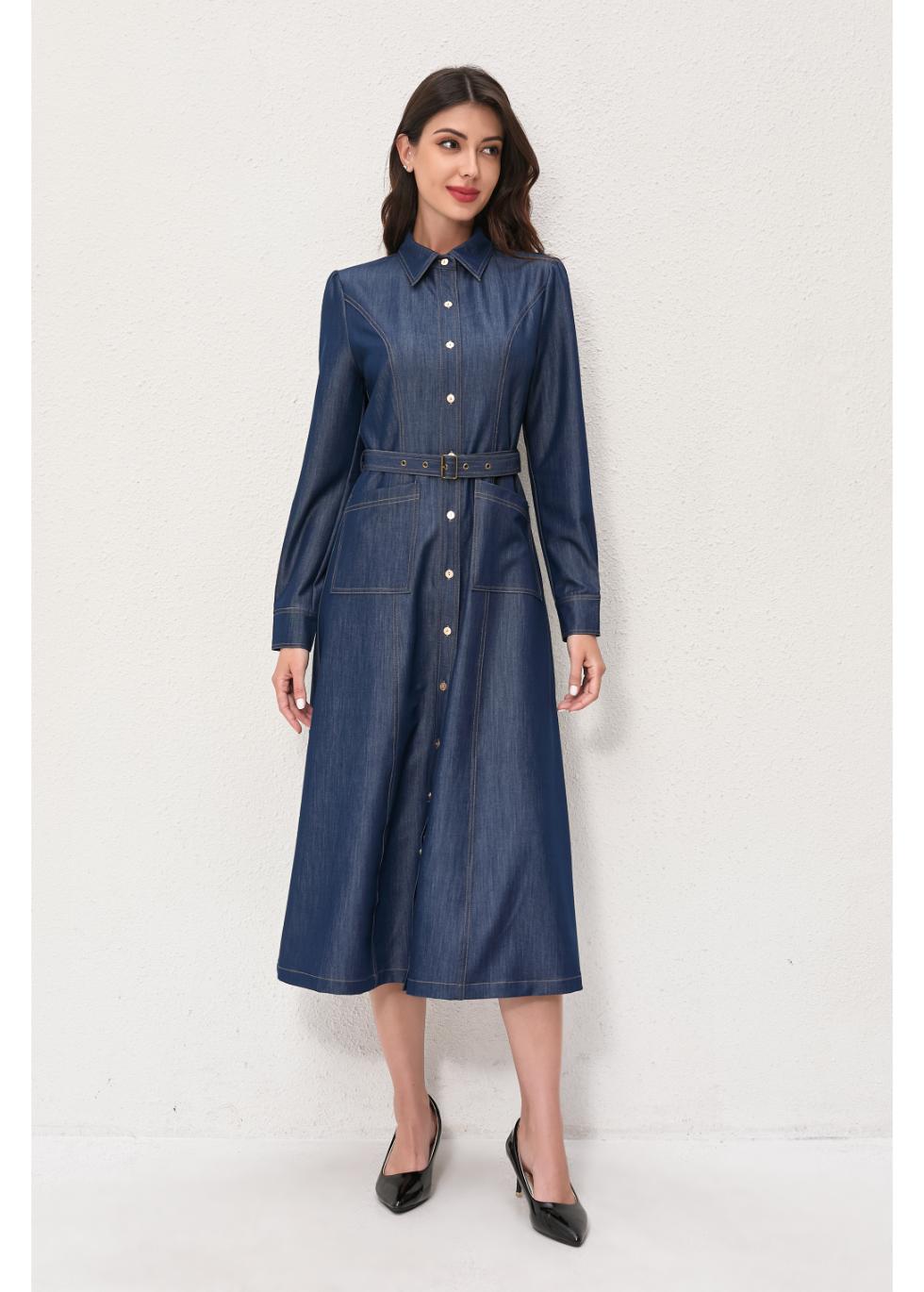 Denim Belted Midi Dress