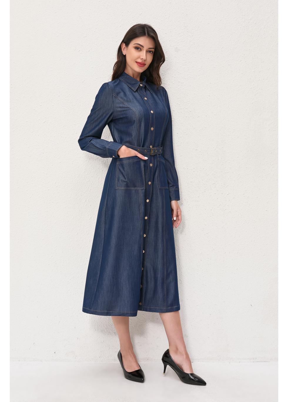 Denim Belted Midi Dress