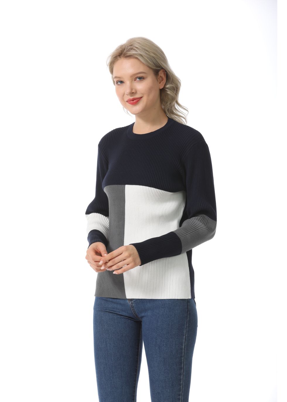 Long Sleeve Color Block Ribbed Sweater